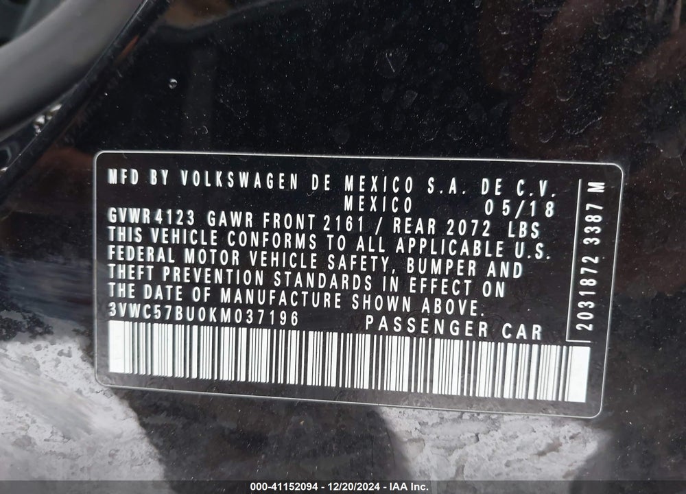 2019 VOLKSWAGEN JETTA VIN: 3VWC57BU0KM037196