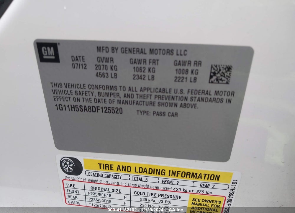 2013 CHEVROLET MALIBU 1LZ VIN: 1G11H5SA8DF125520