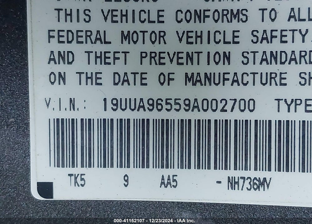 2009 ACURA TL VIN: 19UUA96559A002700
