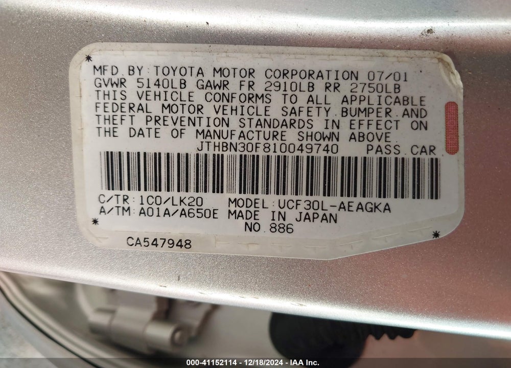2001 LEXUS LS 430 VIN: JTHBN30F810049740