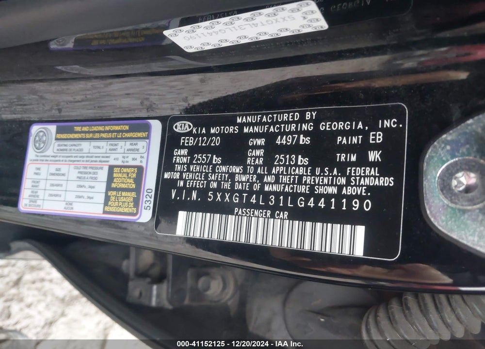 2020 KIA OPTIMA VIN: 5XXGT4L31LG441190