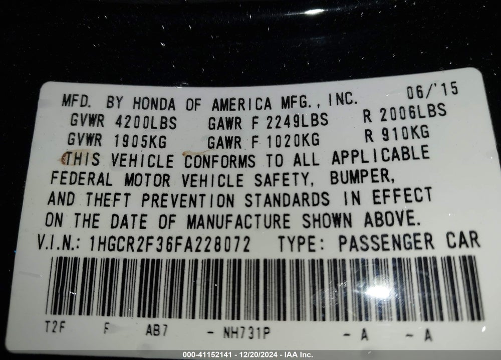 2015 HONDA ACCORD LX VIN: 1HGCR2F36FA228072