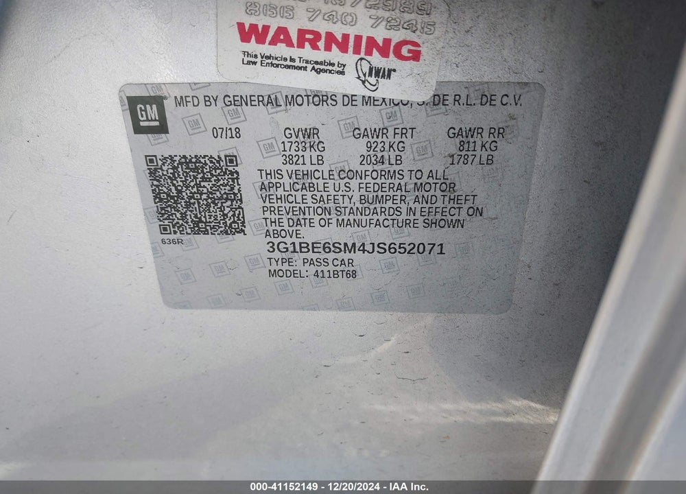 2018 CHEVROLET CRUZE VIN: 3G1BE6SM4JS652071