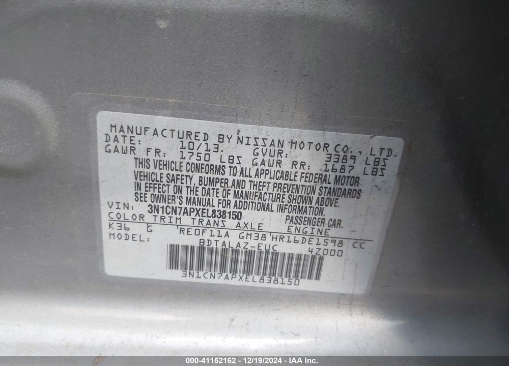 2014 NISSAN VERSA 1.6 S+ VIN: 3N1CN7APXEL838150