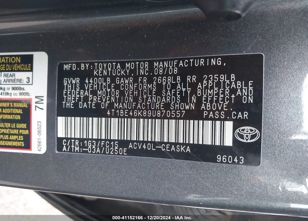 2009 TOYOTA CAMRY SE VIN: 4T1BE46K89U870557