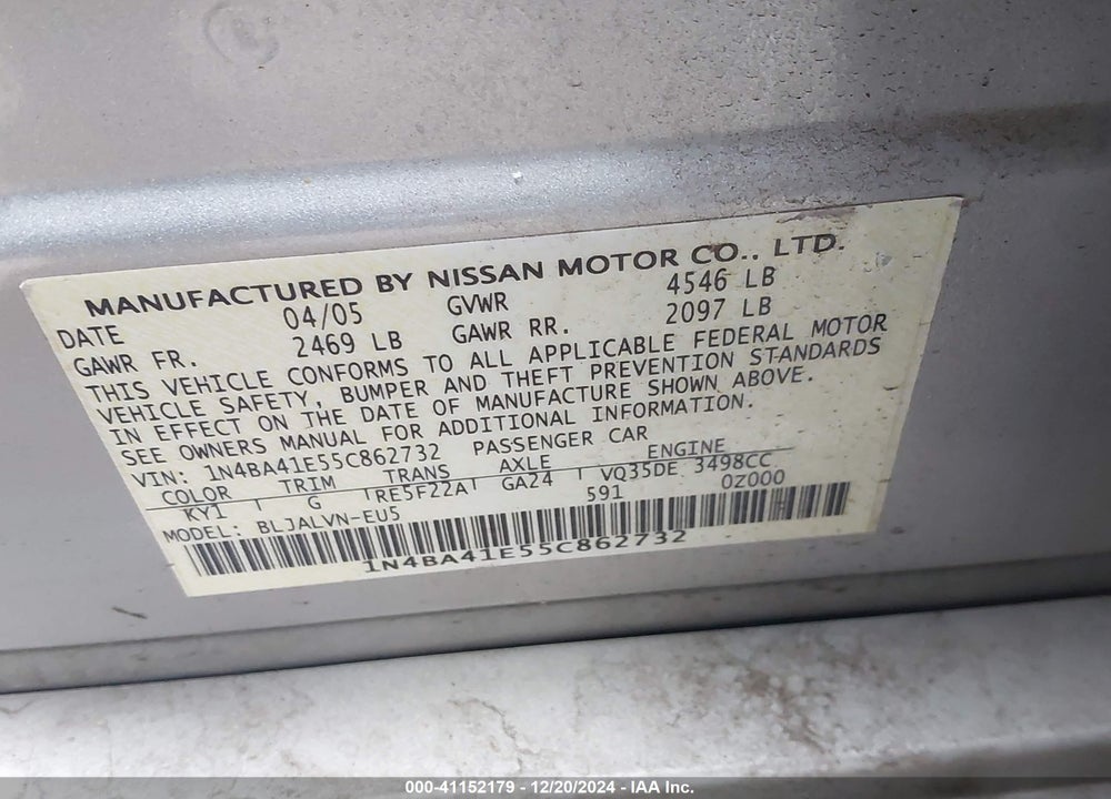2005 NISSAN MAXIMA 3.5 SL VIN: 1N4BA41E55C862732