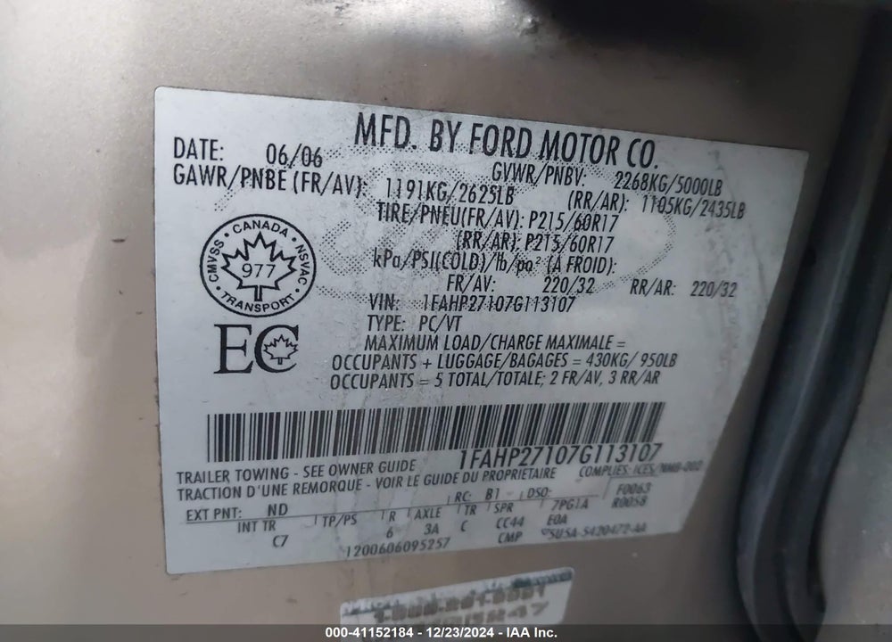 2007 FORD FIVE HUNDRED SEL VIN: 1FAHP27107G113107