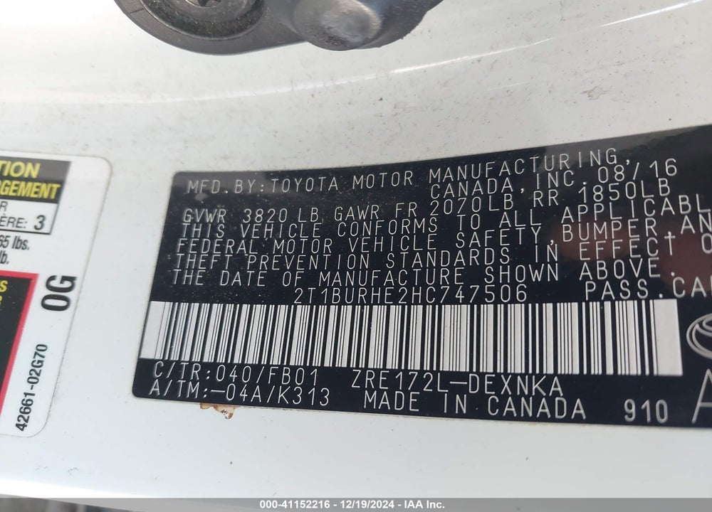 2017 TOYOTA COROLLA LE VIN: 2T1BURHE2HC747506