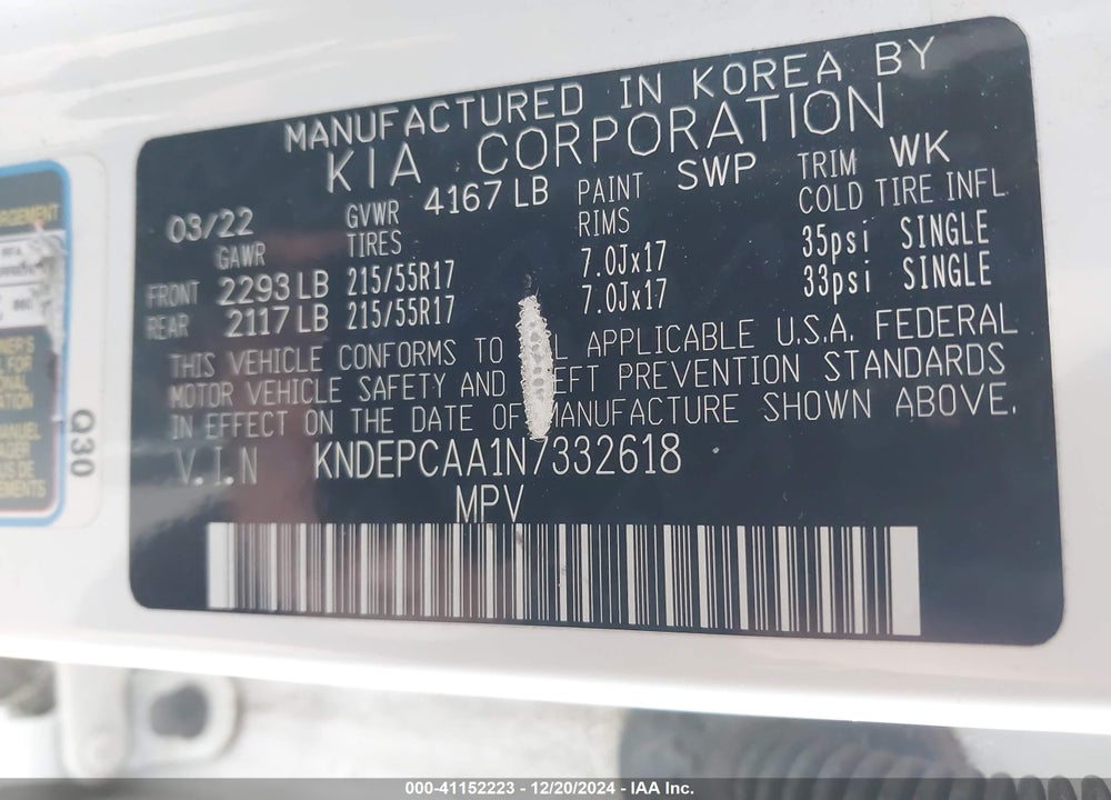 2022 KIA SELTOS LX VIN: KNDEPCAA1N7332618
