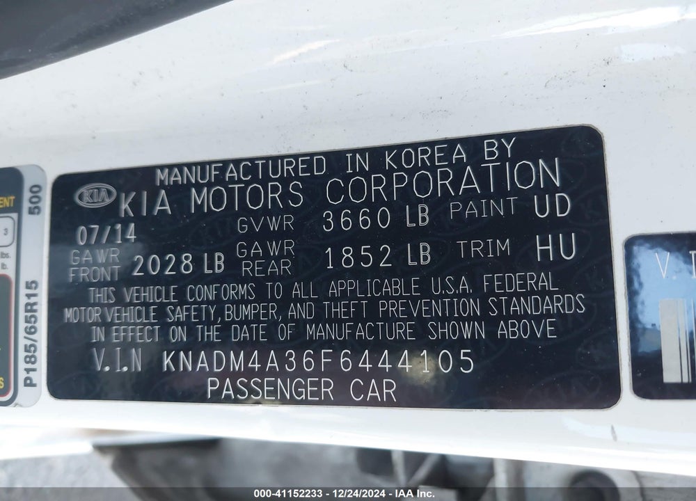 2015 KIA RIO LX VIN: KNADM4A36F6444105