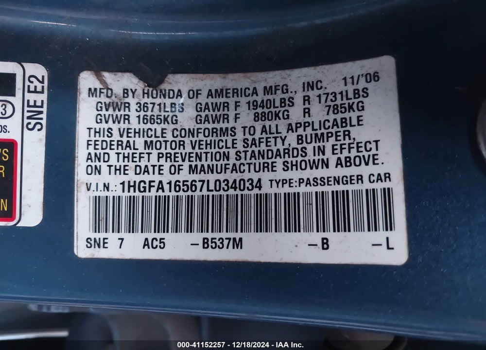 2007 HONDA CIVIC LX VIN: 1HGFA16567L034034