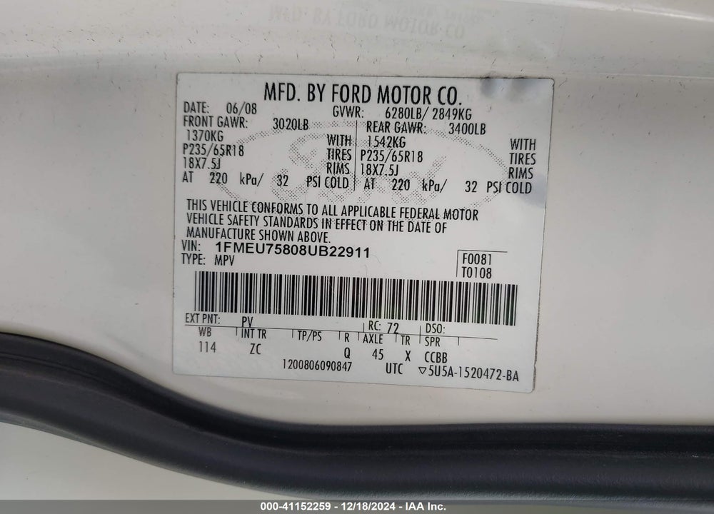 2008 FORD EXPLORER LIMITED VIN: 1FMEU75808UB22911