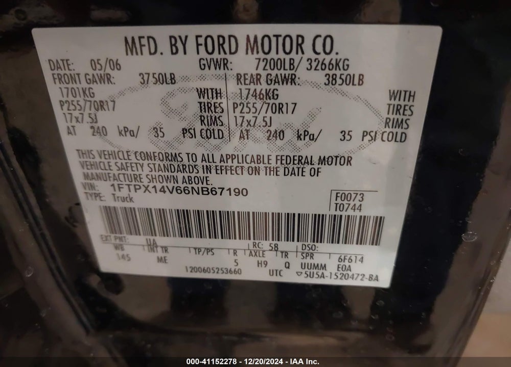 2006 FORD F-150 VIN: 1FTPX14V66NB67190