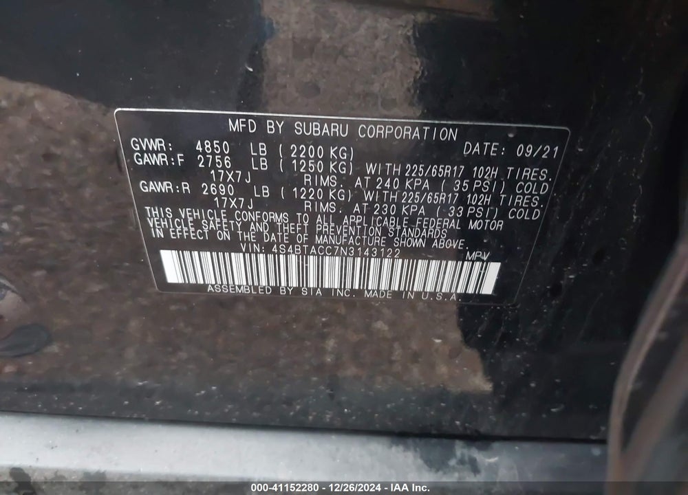 2022 SUBARU OUTBACK PREMIUM VIN: 4S4BTACC7N3143122