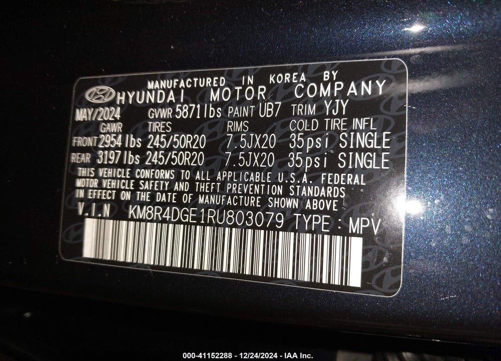 2024 HYUNDAI PALISADE VIN: KM8R4DGE1RU803079