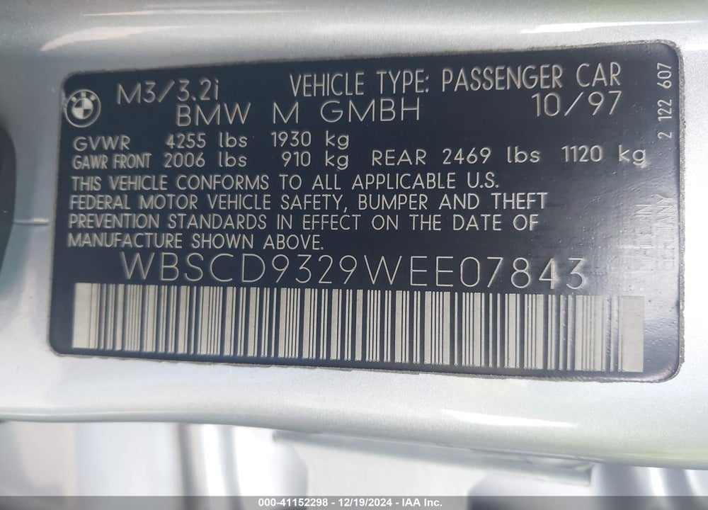 1998 BMW M3 VIN: WBSCD9329WEE07843
