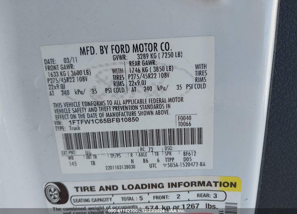 2011 FORD F-150 LARIAT LIMITED VIN: 1FTFW1C65BFB10850