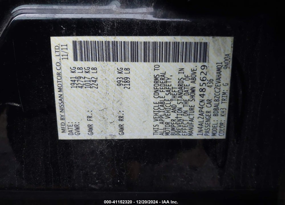 2012 NISSAN ALTIMA 2.5 S VIN: 1N4AL2AP4CN485629