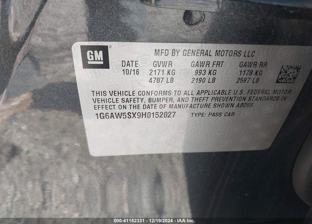 2017 CADILLAC CTS STANDARD VIN: 1G6AW5SX9H0152027