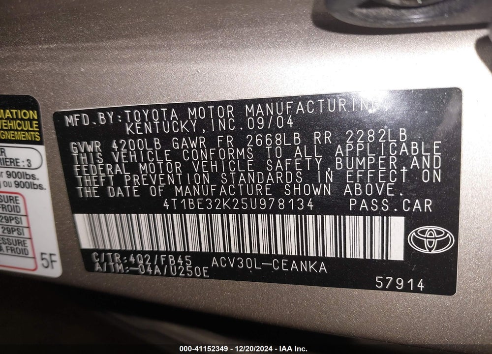 2005 TOYOTA CAMRY LE VIN: 4T1BE32K25U978134