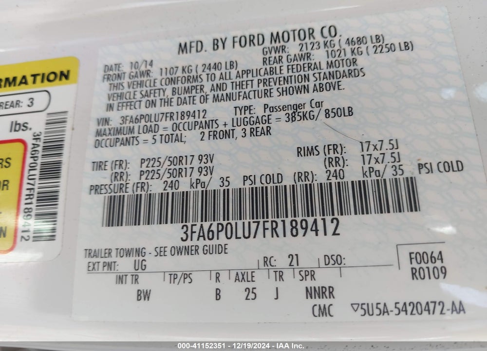 2015 FORD FUSION HYBRID SE VIN: 3FA6P0LU7FR189412