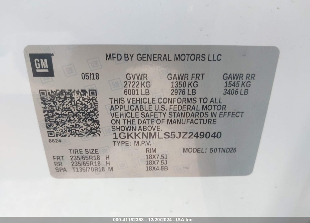 2018 GMC ACADIA SLT-1 VIN: 1GKKNMLS5JZ249040