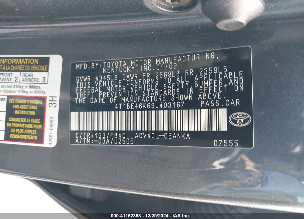 2009 TOYOTA CAMRY LE VIN: 4T1BE46K69U403167