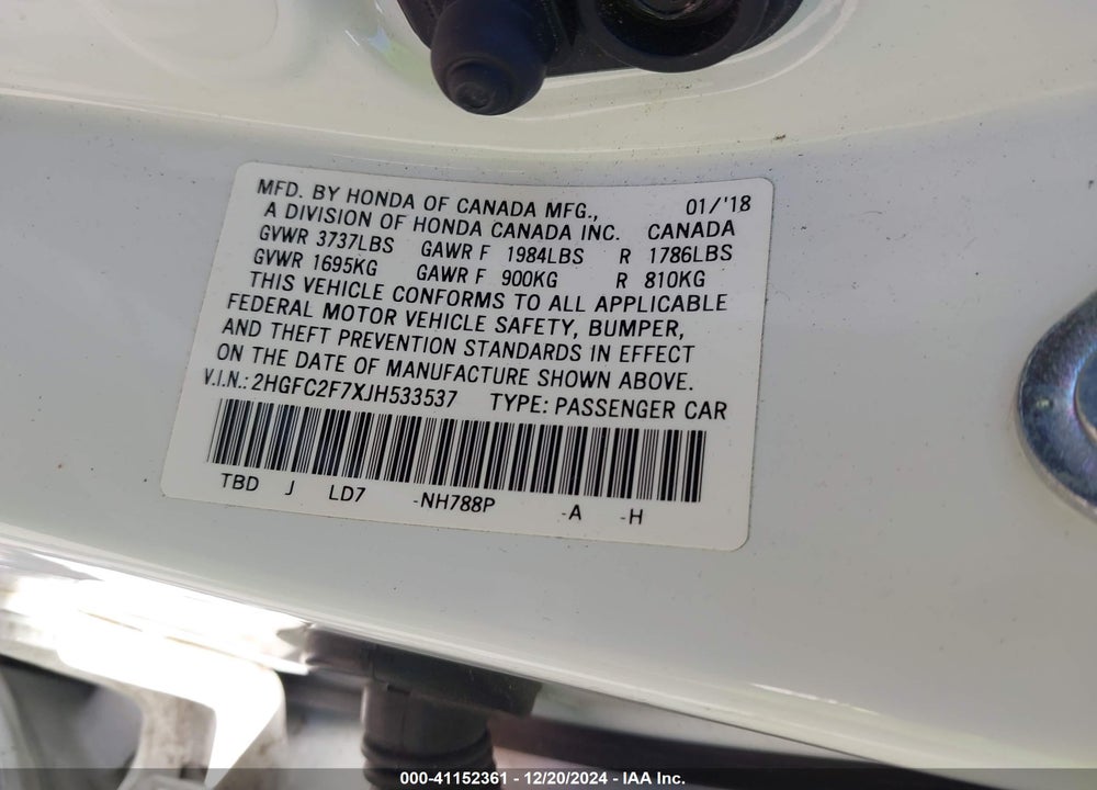 2018 HONDA CIVIC EX VIN: 2HGFC2F7XJH533537