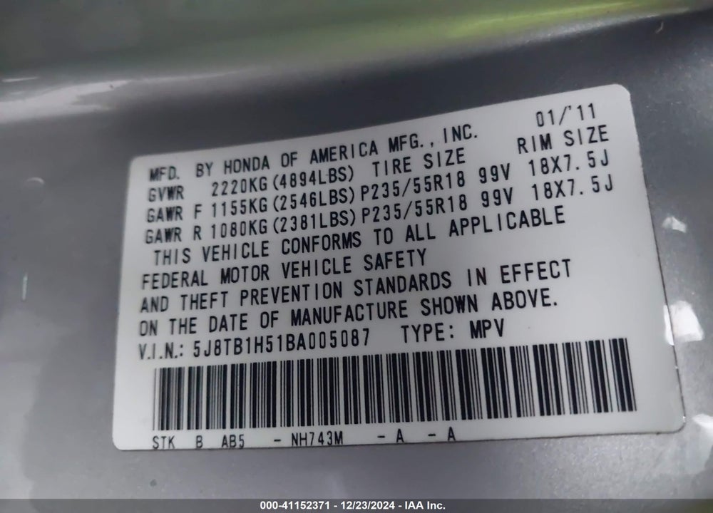 2011 ACURA RDX VIN: 5J8TB1H51BA005087