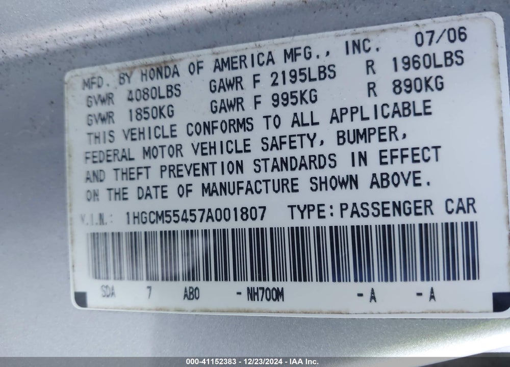 2007 HONDA ACCORD 2.4 LX VIN: 1HGCM55457A001807
