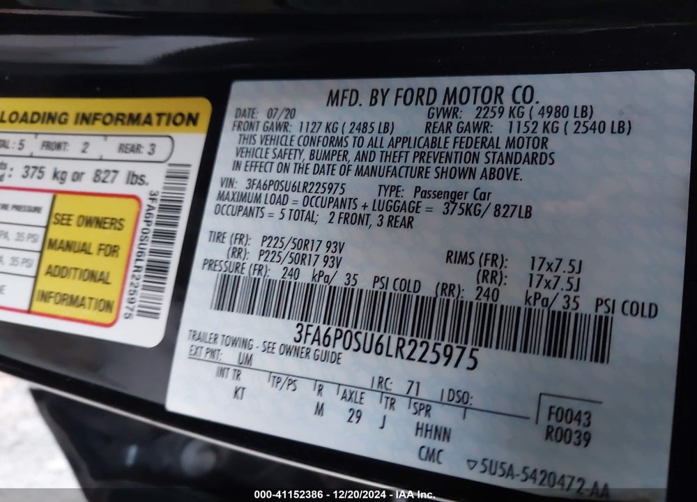 2020 FORD FUSION PLUG-IN HYBRID TITANIUM VIN: 3FA6P0SU6LR225975