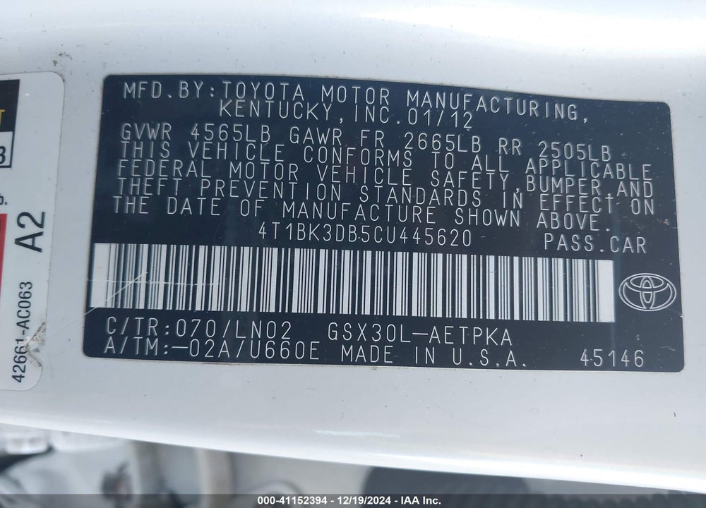 2012 TOYOTA AVALON LIMITED VIN: 4T1BK3DB5CU445620