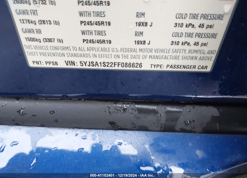 2015 TESLA MODEL S VIN: 5YJSA1S22FF086626