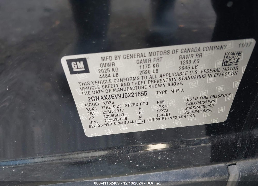 2018 CHEVROLET EQUINOX LT VIN: 2GNAXJEV9J6221655