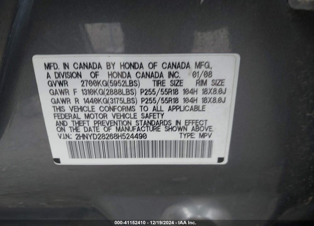 2008 ACURA MDX VIN: 2HNYD28268H524490
