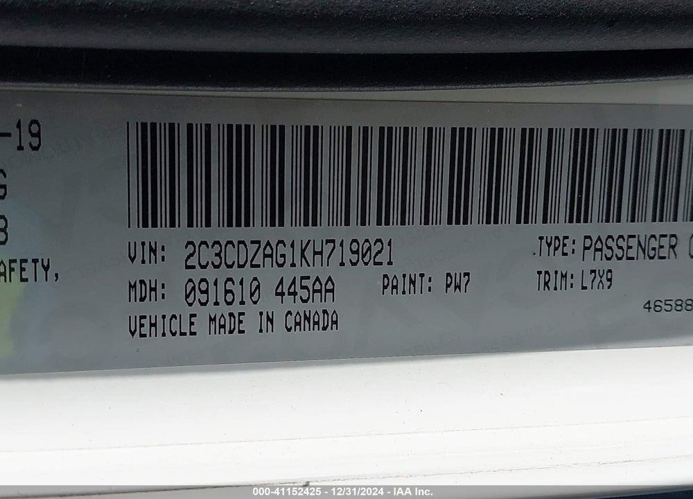 2019 DODGE CHALLENGER VIN: 2C3CDZAG1KH719021