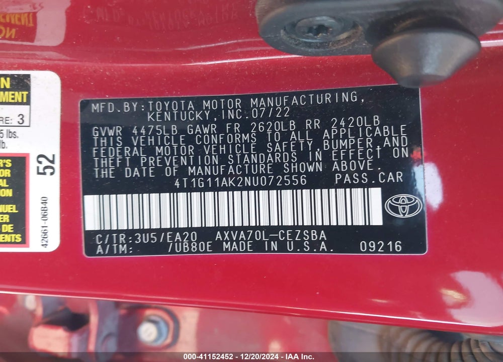 2022 TOYOTA CAMRY VIN: 4T1G11AK2NU072556