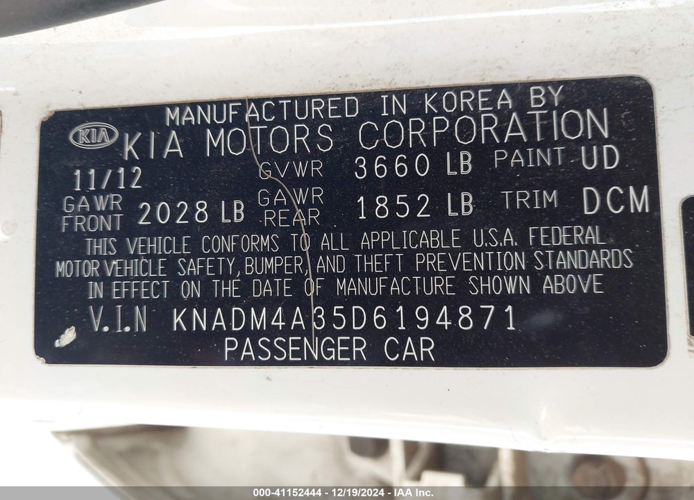 2013 KIA RIO VIN: KNADM4A35D6194871