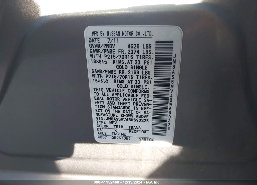 2011 NISSAN ROGUE S VIN: JN8AS5MV4BW690325