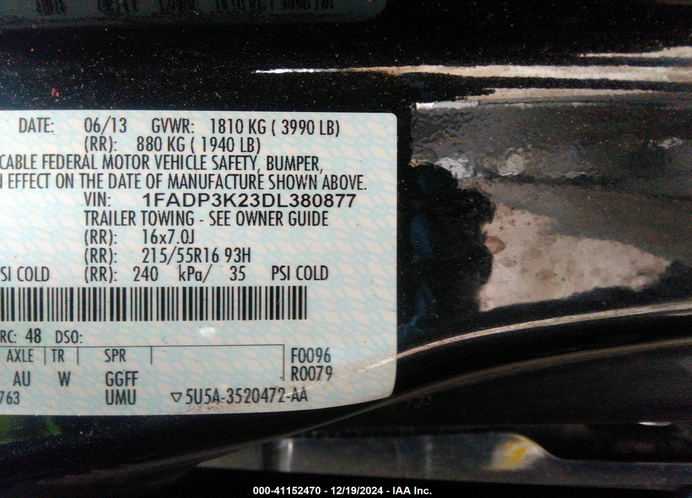 2013 FORD FOCUS VIN: 1FADP3K23DL380877