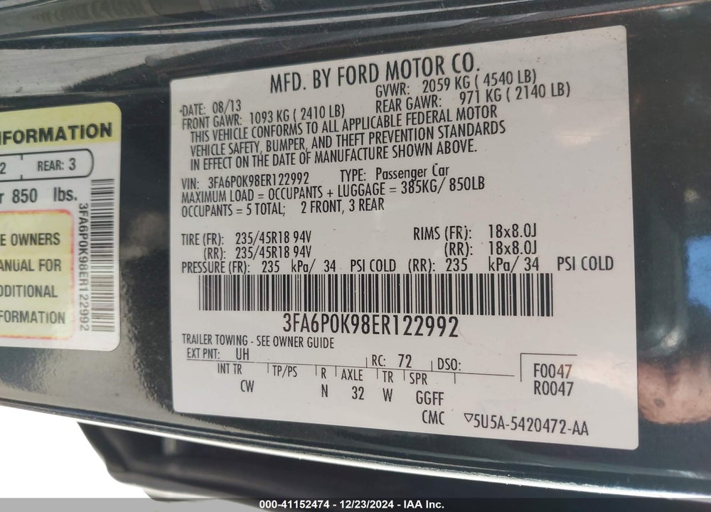 2014 FORD FUSION TITANIUM VIN: 3FA6P0K98ER122992