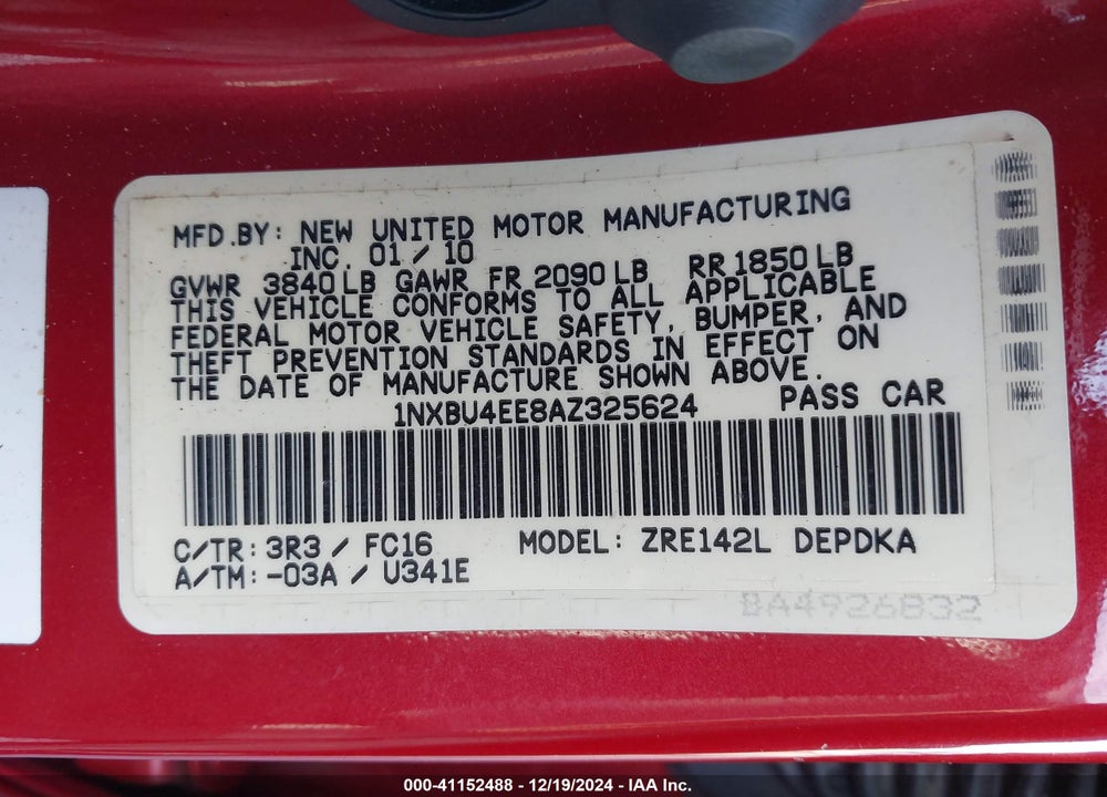 2010 TOYOTA COROLLA LE VIN: 1NXBU4EE8AZ325624