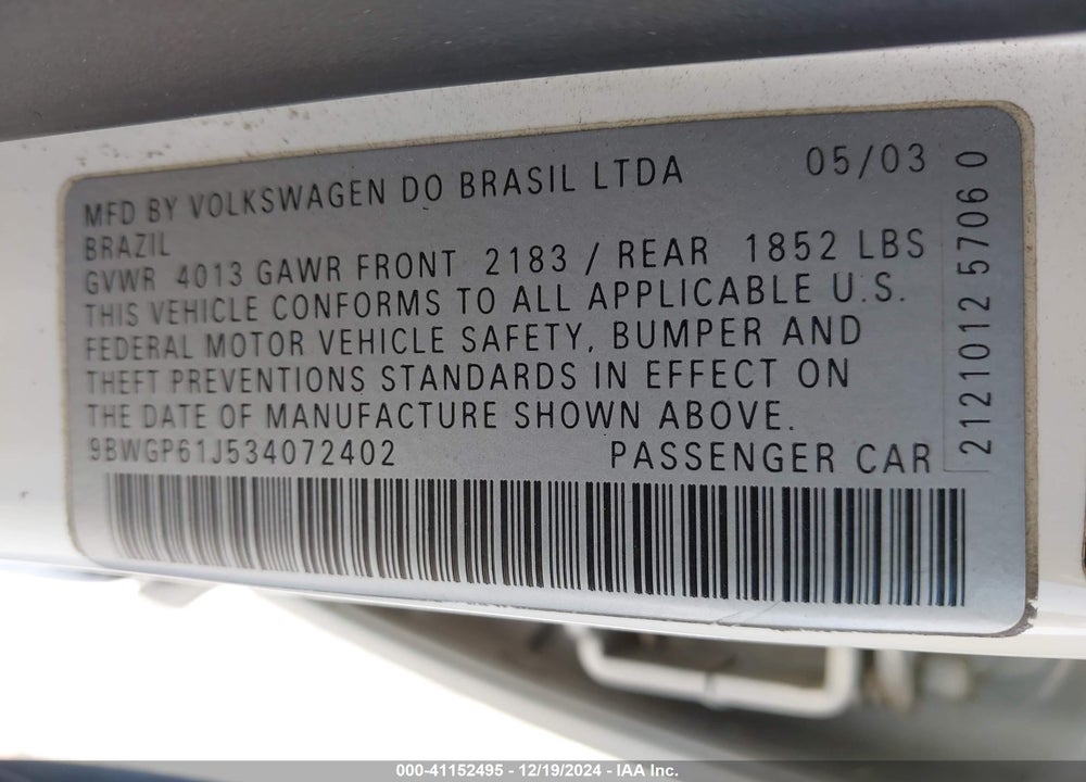 2003 VOLKSWAGEN GOLF GLS TDI VIN: 9BWGP61J534072402