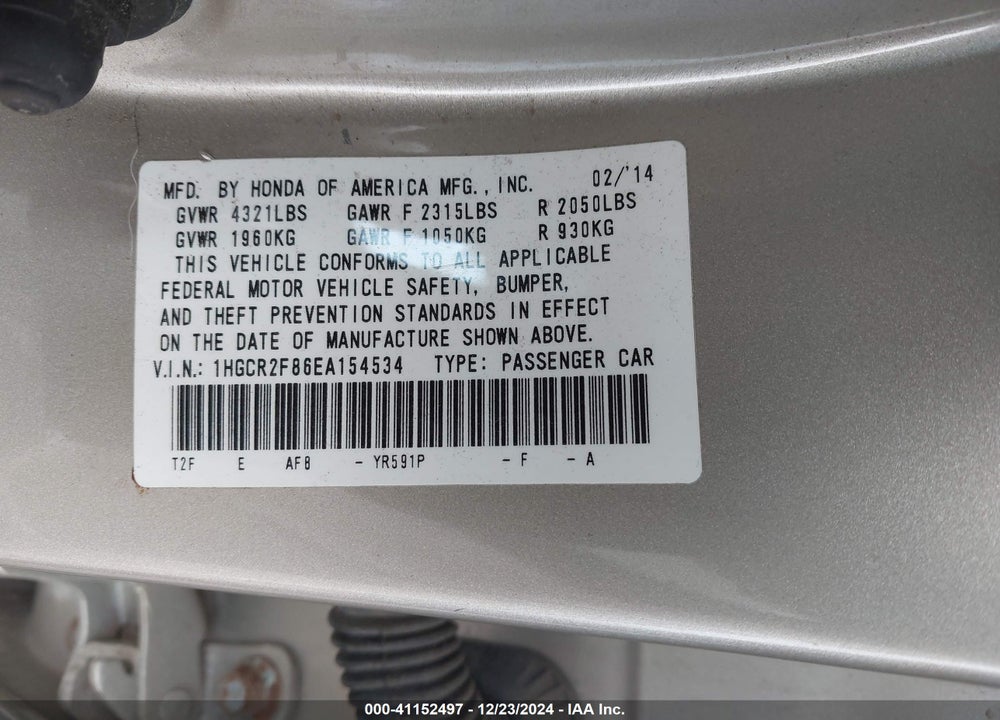 2014 HONDA ACCORD EX-L VIN: 1HGCR2F86EA154534