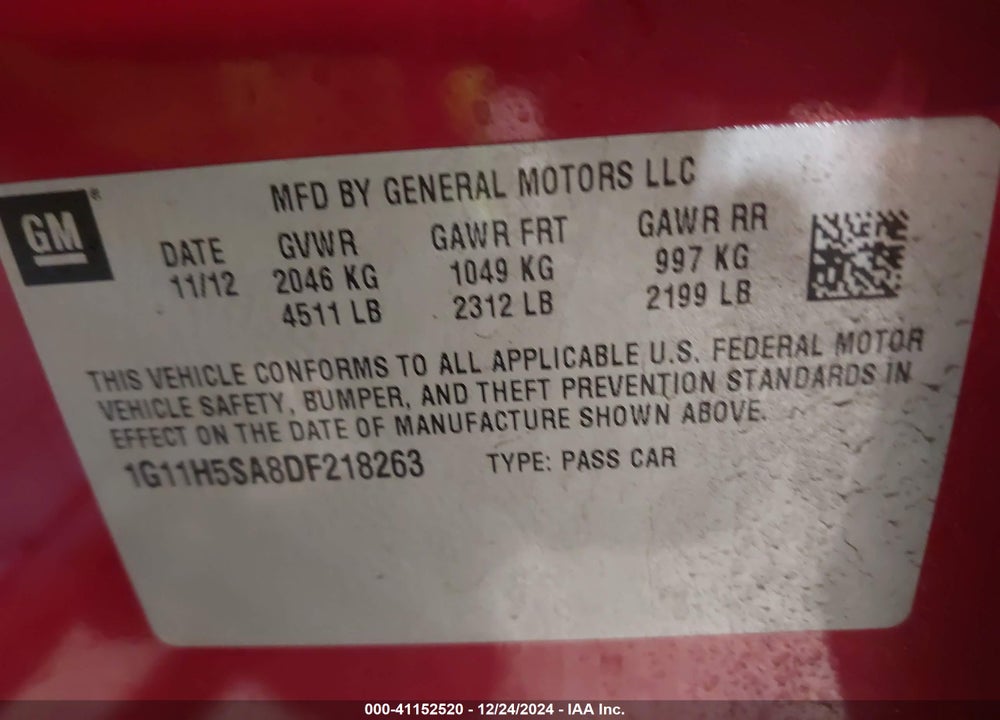 2013 CHEVROLET MALIBU 1LZ VIN: 1G11H5SA8DF218263