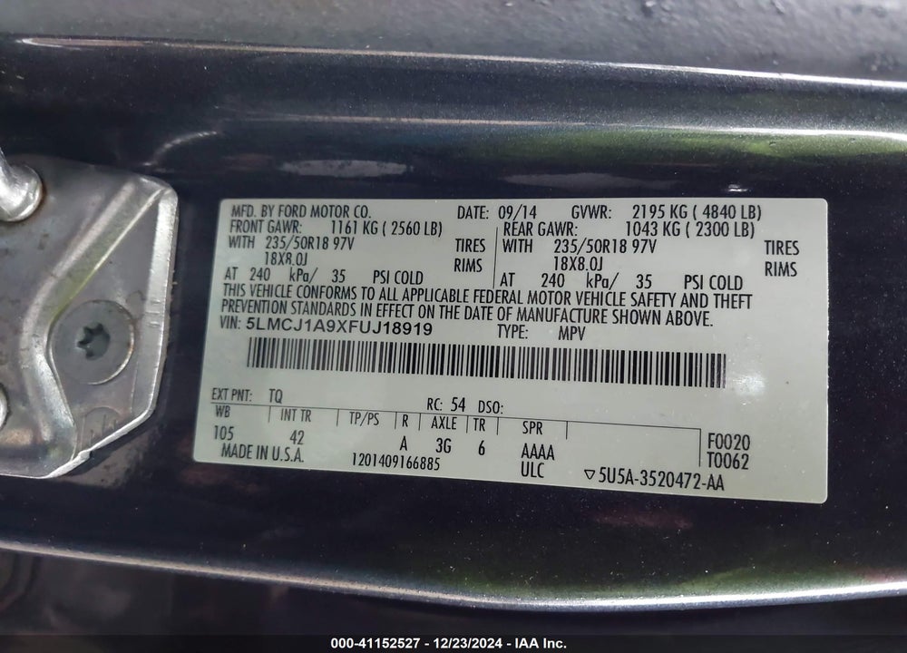 2015 LINCOLN MKC VIN: 5LMCJ1A9XFUJ18919