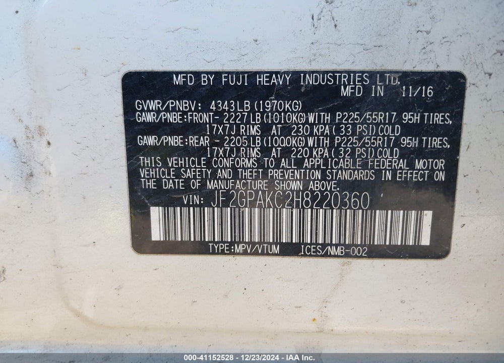 2017 SUBARU CROSSTREK VIN: JF2GPAKC2H8220360