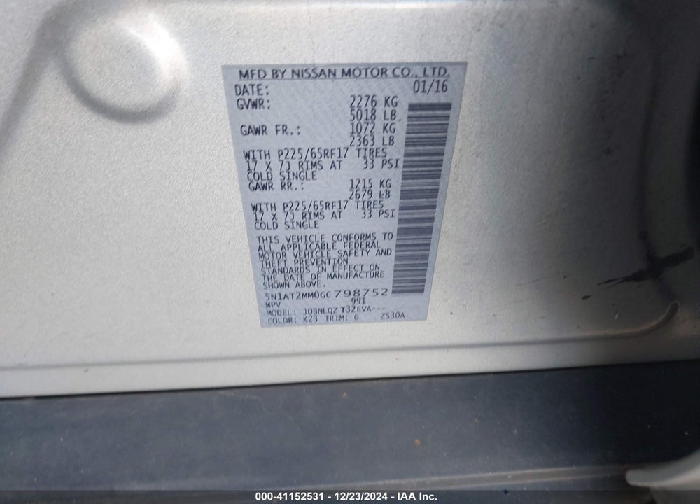 2016 NISSAN ROGUE SV VIN: 5N1AT2MM0GC798752