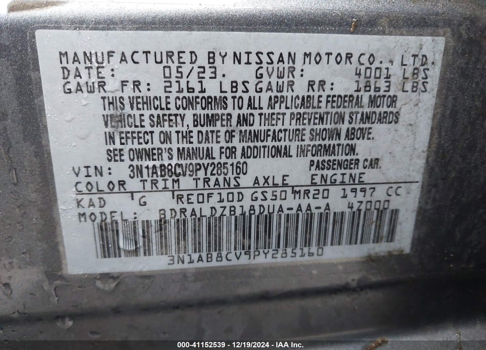 2023 NISSAN SENTRA VIN: 3N1AB8CV9PY285160