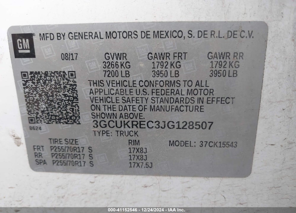 2018 CHEVROLET SILVERADO 1500 1LT VIN: 3GCUKREC3JG128507